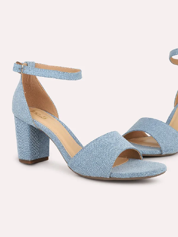 Trendy sandals for women with buckle closure and vibrant color options-Women Blue Denim Open Toe Block Heels With Ankle Loop