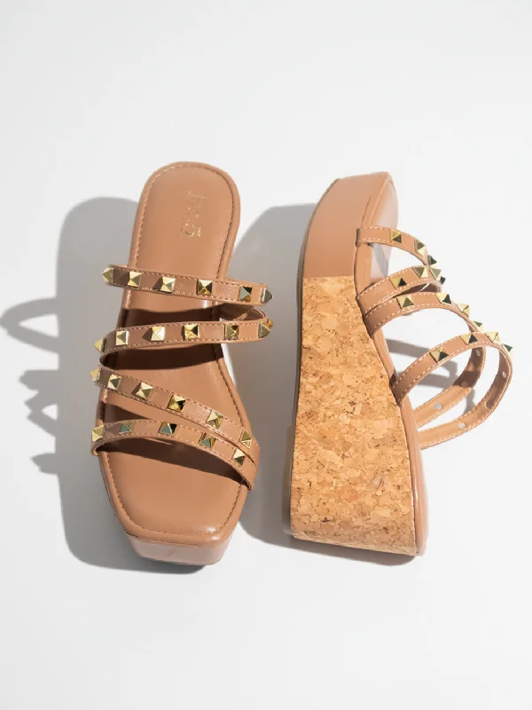 Casual sandals for women with buckle details and comfortable footbed for support-Women Tan Studded Open Toe Wedge Heels