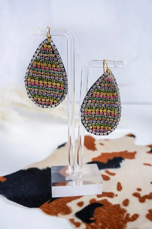 Geometric Drop Earrings for Trend -SALE! Silvertone Light Multi-Color Rhinestone Teardrop Earrings