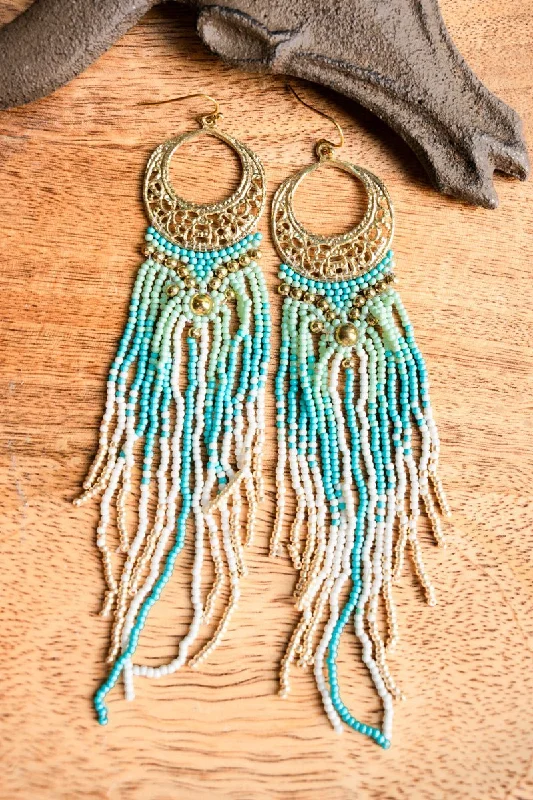 Drop Earrings for Evening Gown -SALE! Harlen Turquoise Seed Bead Fringe Earrings