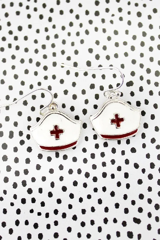 Drop Earrings for Bridesmaids Look -SALE! White and Red Nurse's Cap Earrings