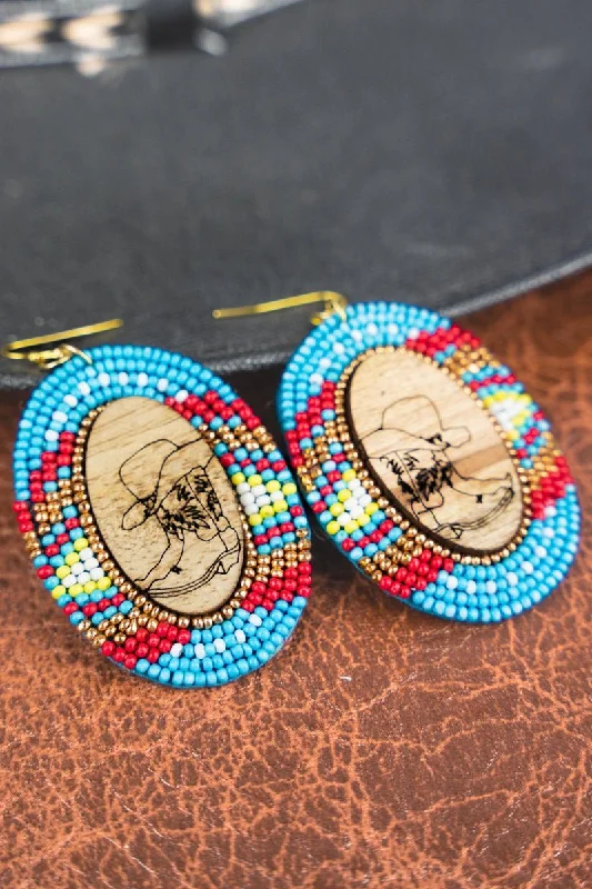 Drop Earrings with Wave Designs -SALE! Rodeo Ridge Wood and Turquoise Multi Seed Bead Oval Earrings