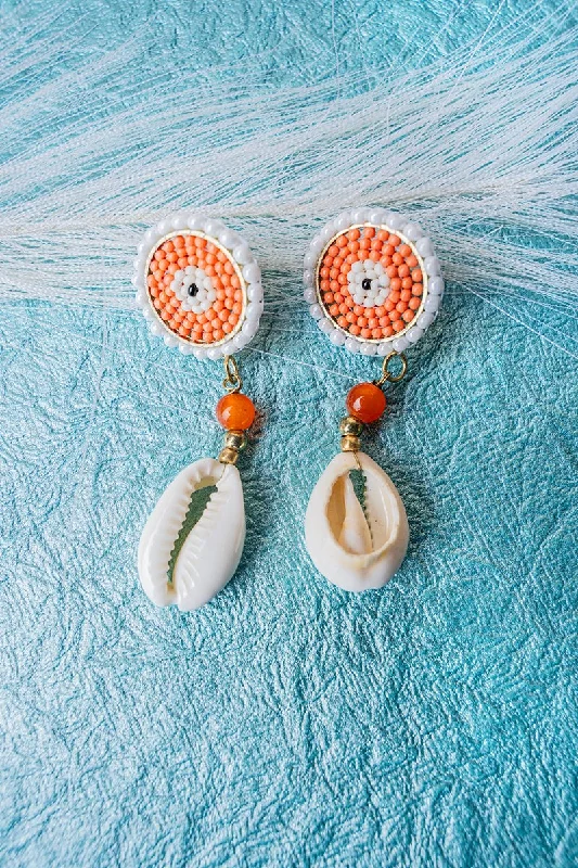 Drop Earrings for Prom Night -SALE! Coral Seed Bead Cowrie Shell Drop Earrings