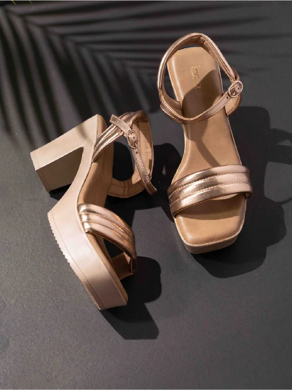 Casual sandals for women with bohemian-style straps and flat sole for comfort-Womens Rose Gold Party Wear Solid Round Toe Heels