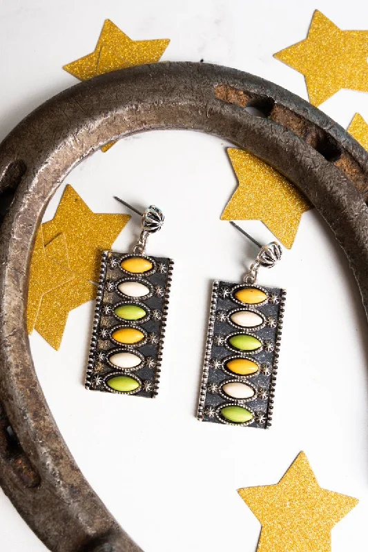 Drop Earrings for School Uniform -SALE! Green and Yellow Lone Springs Silvertone Bar Earrings