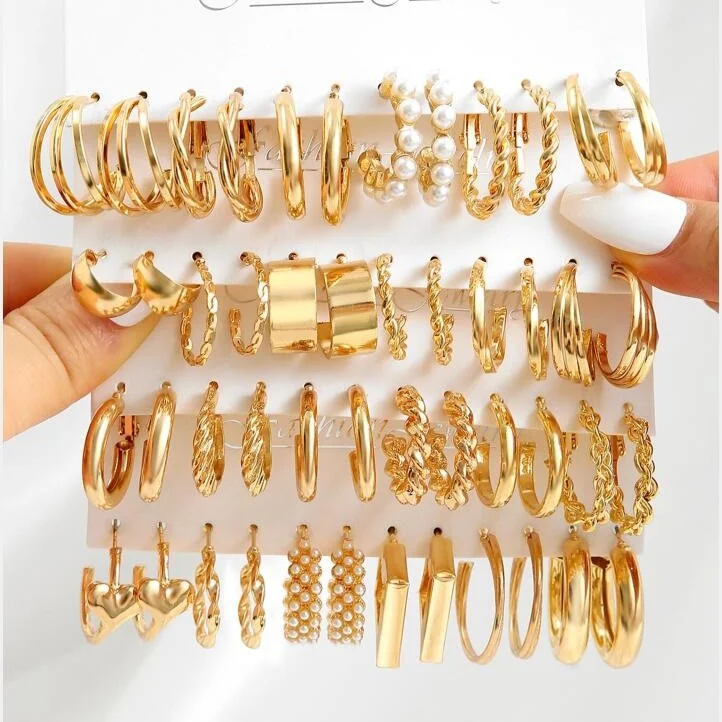 Ethnic Drop Earrings with Tribal Design -Wholesale Gold C-shaped Chain Earrings Set