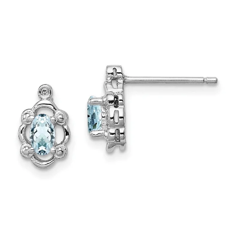 Drop Earrings with Leaf Motifs -Curata 925 Sterling Silver Polished Open back Post Earrings Aquamarine and Diamond Earrings - 10x6mm Wide