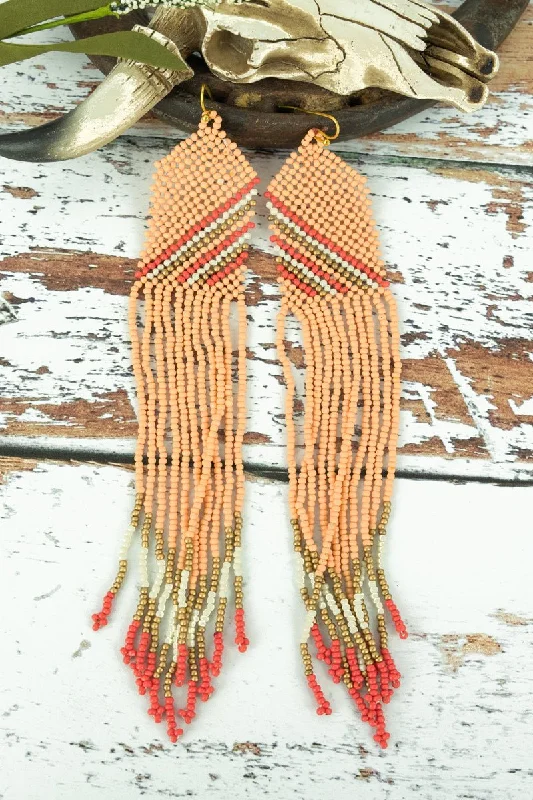 Drop Earrings for Prom Night -SALE! Queen Creek Coral Seed Bead Fringe Earrings