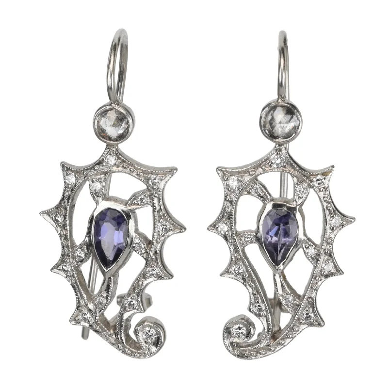 Drop Earrings for Wedding Ceremony -Platinum & Diamond "Paisley" Earrings with Center Pear-Shaped Iolites