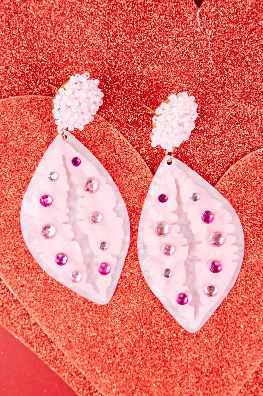 Drop Earrings with Floral Motifs -SALE! Viola Pink Kiss Acrylic and Seed Bead Earrings