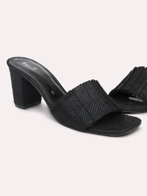 Casual sandals for women with flat soles and classic leather straps for style-Women Black Printed Open Toe Party Block Heels