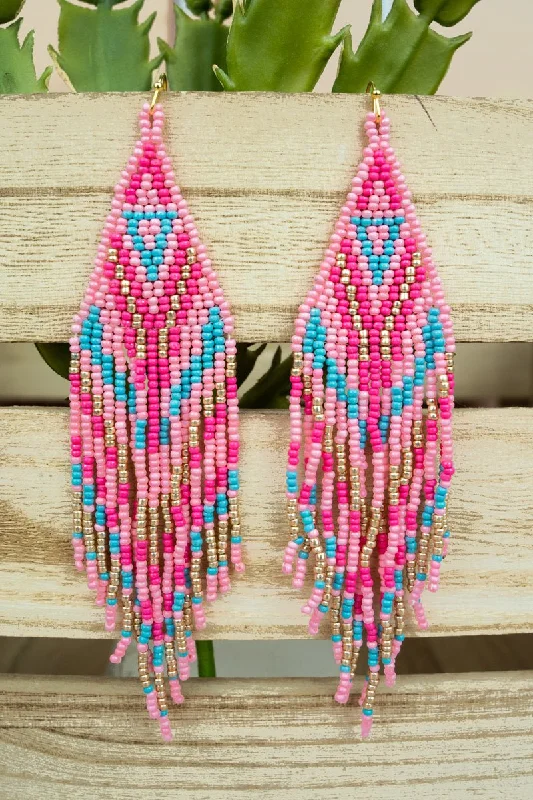 Drop Earrings for Christmas Party -SALE! Peach Springs Pink Seed Bead Fringe Earrings