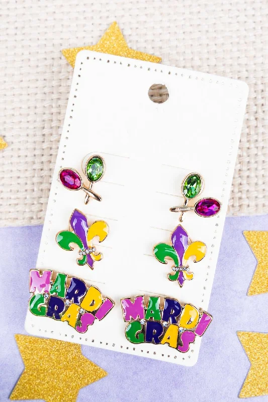 Lightweight Drop Earrings for All Day -Mardi Gras Time Earrings 3 Pair Set