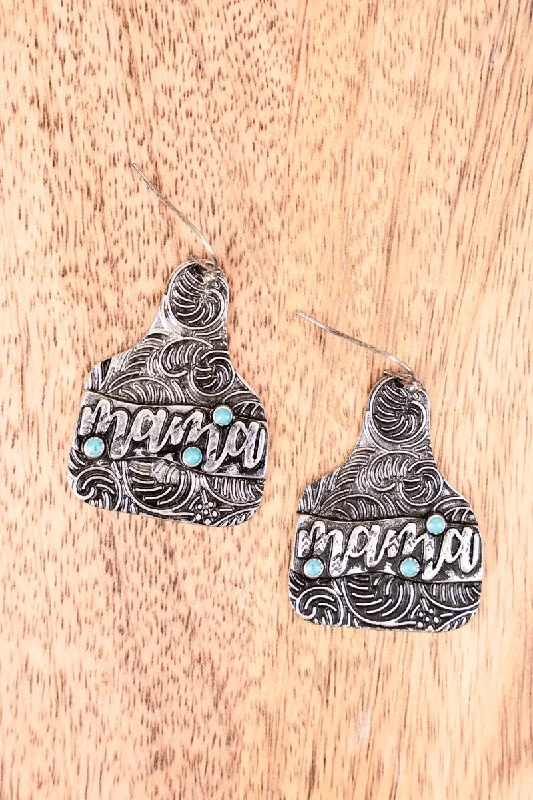 Drop Earrings for Christmas Party -TIPI Silvertone Grayson Valley Mama Cattle Tag Earrings