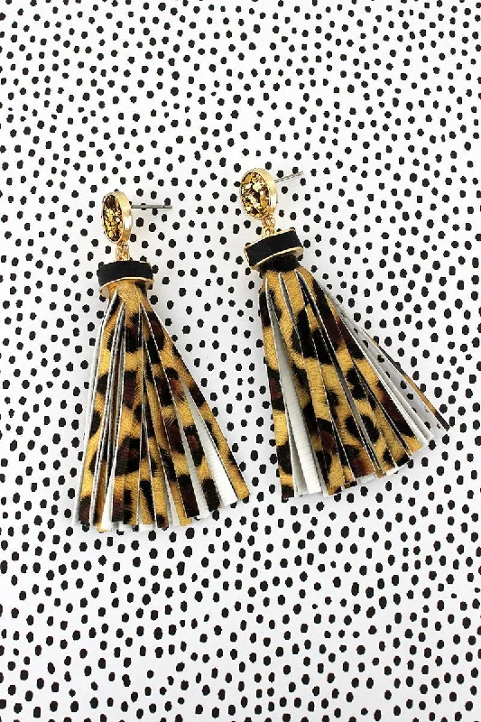 Drop Earrings with Leaf Motifs -SALE! Gold Glitter Disk Leopard Tassel Earrings