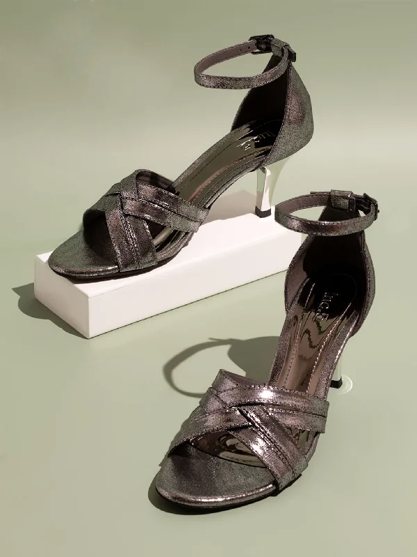 Casual sandals for women with buckle details and comfortable footbed for support-Women Pewter Slim Heels with Metallic Finish