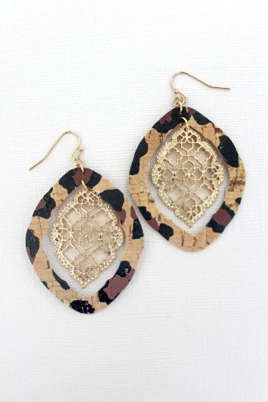 Screw Back Drop Earrings for Security -SALE! Leopard Cork and Goldtone Moroccan Filigree Earrings