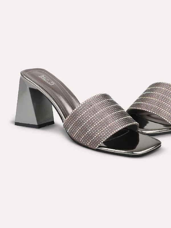 Trendy sandals for women with braided straps and comfortable footbed for casual style-Women Pewter Embellished Party Block Heels