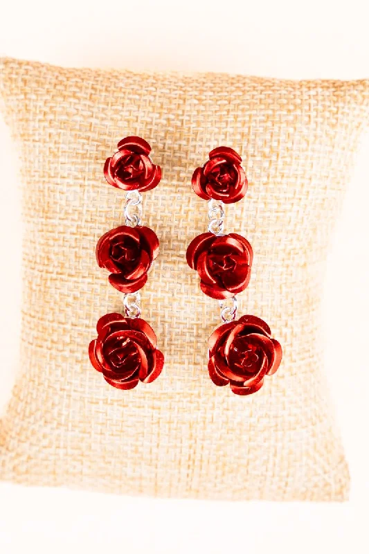 Drop Earrings for Anniversary -Red Kentucky Derby Roses Drop Earrings