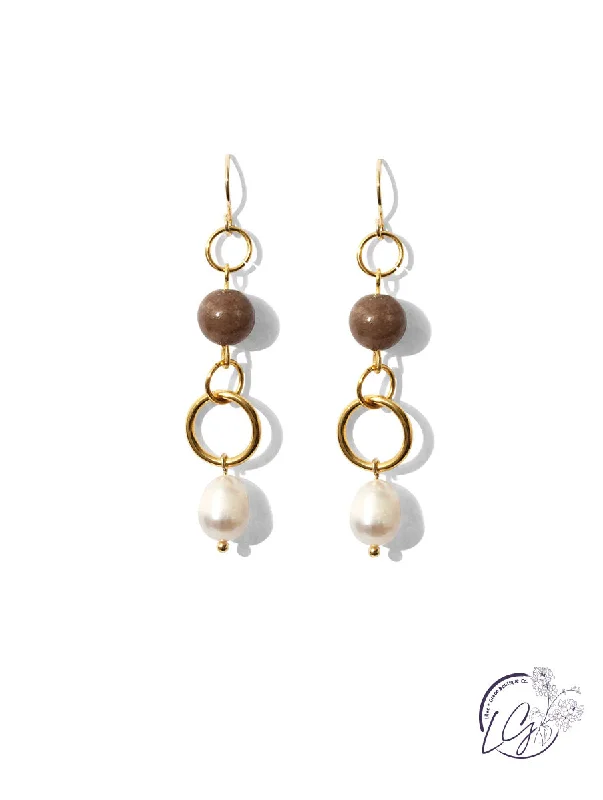 Drop Earrings with Vine Designs -Long Pearl Earrings with Stone Accent