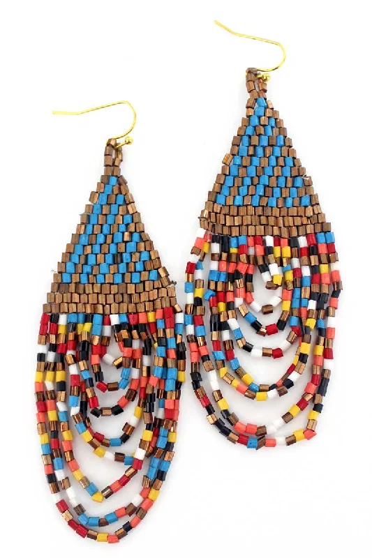 Drop Earrings with Hammered Finish -SALE! Soarin' Blue Multi-Color Seed Bead Fringe Earrings