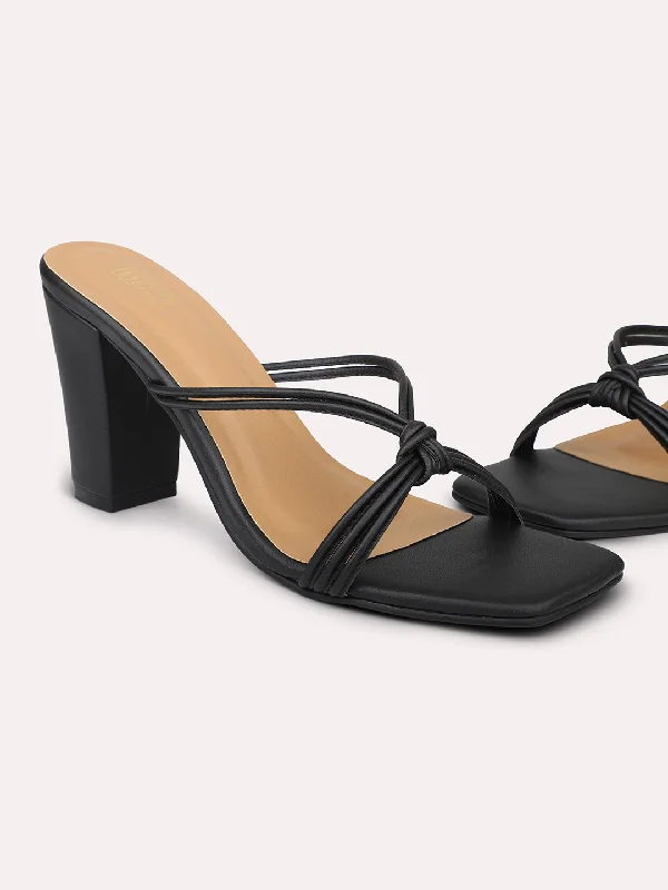 Outdoor sandals for women with cushioned footbed and adjustable straps for support-Women Black Open Toe Striped Block Heels