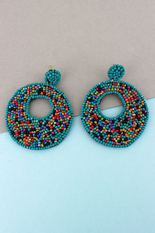 Drop Earrings for School Uniform -SALE! Turquoise Multi-Color Seed Bead Open Disk Earrings