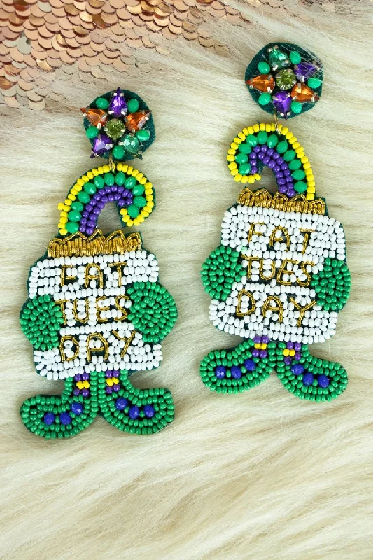 Heart Shaped Drop Earrings for Love -Viola Mardi Gras 'Fat Tuesday' Jester Seed Bead Earrings