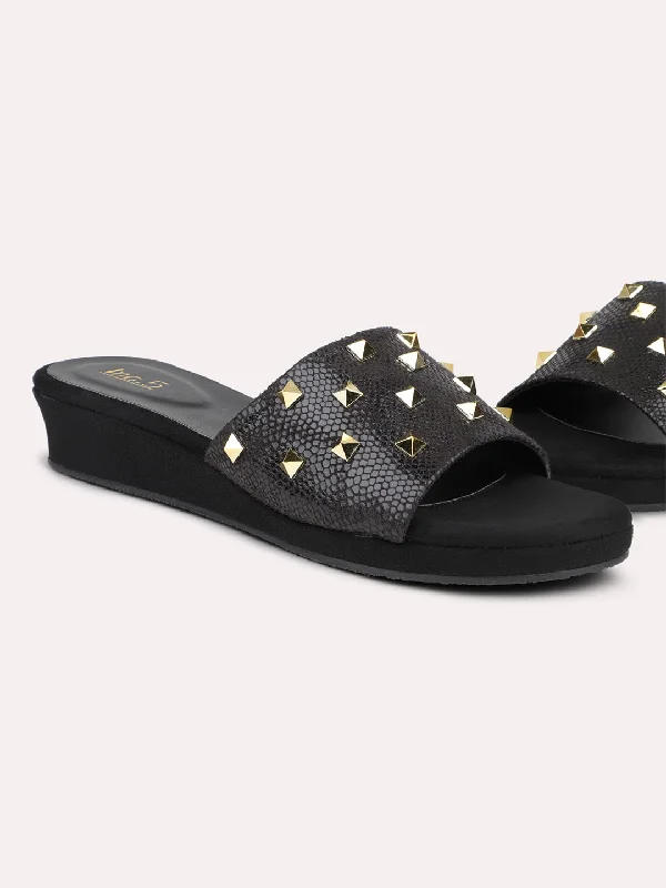 Summer sandals for women with simple design and flexible, comfortable fit-Women Black Square Metal Studded Wedges Heels