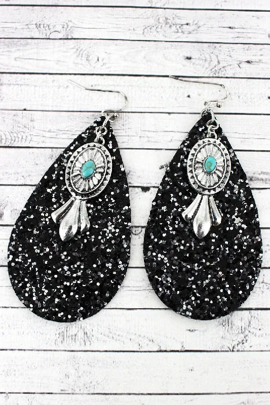 Drop Earrings for Yoga Session -SALE! Black Glitter Teardrop with Squash Blossom Charm Earrings