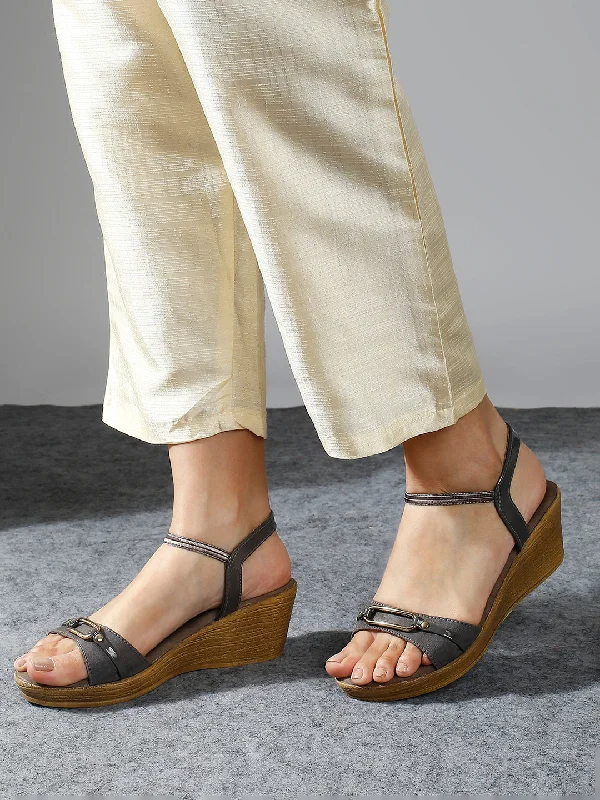 Comfortable sandals for men with breathable straps and durable slip-resistant soles-Women Grey Solid Open Toe Wedge Heels