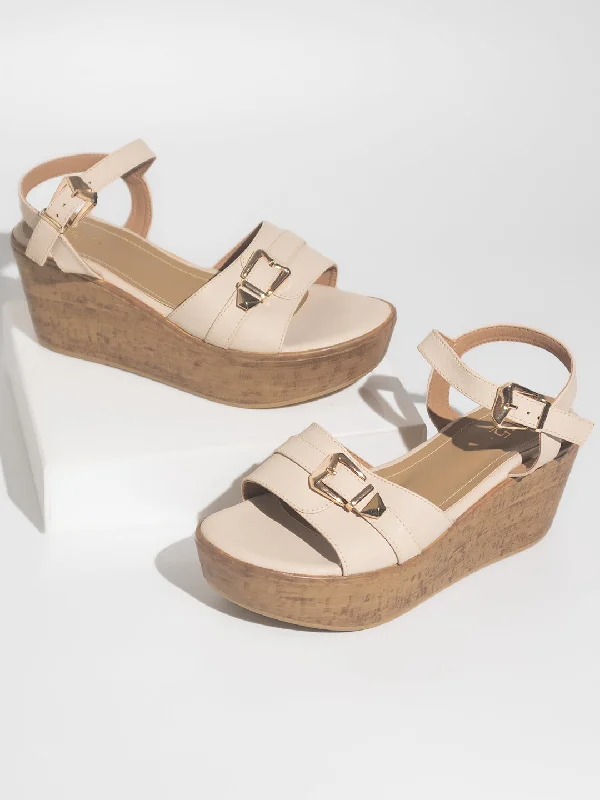 Slip-on sandals for women with adjustable straps and flexible material for comfort-Women Beige Open Toe Platform Heels with Buckles