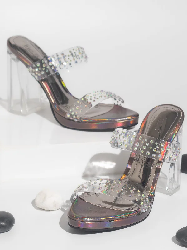 Beach sandals for women with slip-on design and vibrant color options-Women Pewter Transparent Embellished Party Platform Heels