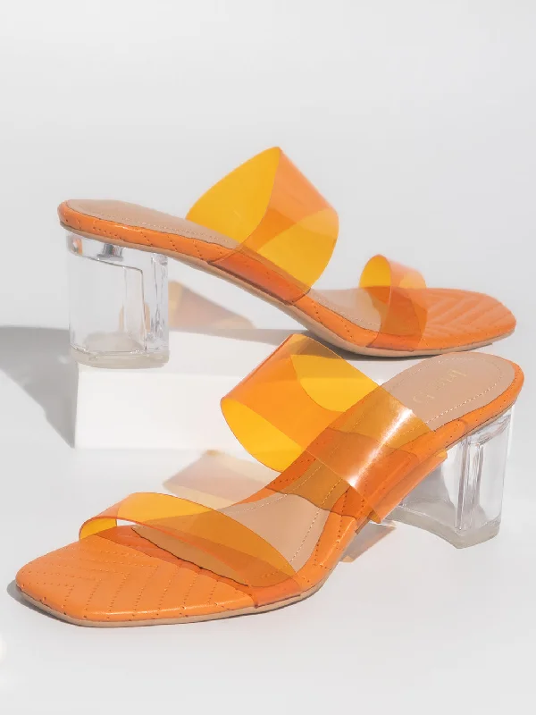 Comfortable sandals for men with leather straps and soft insoles for relaxed wear-Women Orange Transparent Double Strap Block Heels