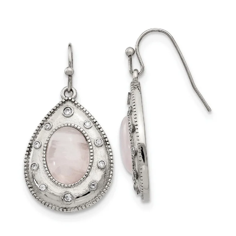 Drop Earrings with Enamel Coating -Curata Stainless Steel Polished Rose Quartz and CZ Cubic Zirconia Shepherd Hook Earrings