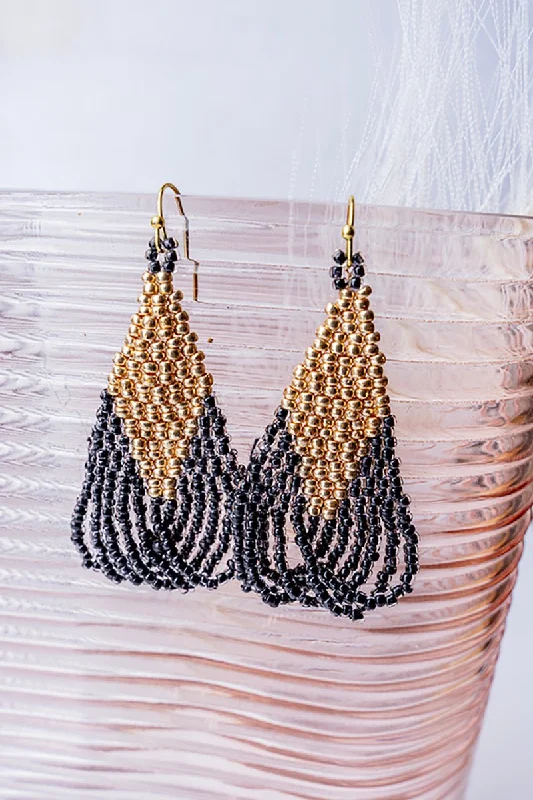 Drop Earrings for Work Attire -SALE! Tera Black and Gold Seed Bead Fringe Earrings