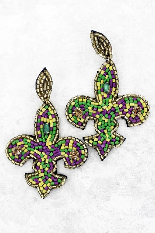 Round Drop Earrings for Classic -Mardi Gras Seed Bead Fleur De Lis Earrings