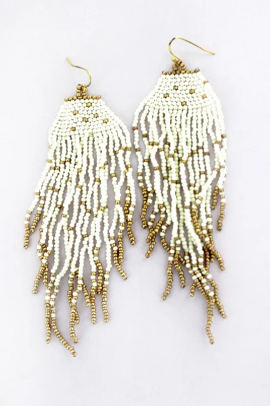 Lead Free Drop Earrings for Health -SALE! Ivory and Gold Seed Bead Fringe Earrings