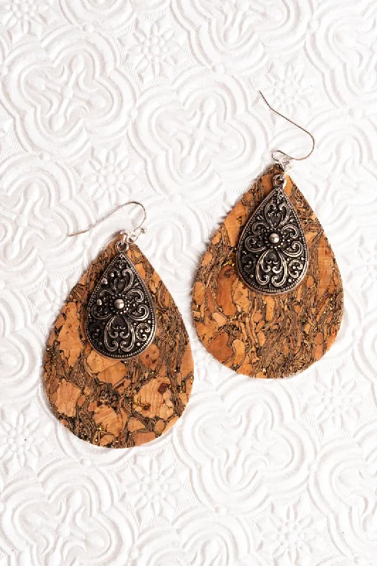 Drop Earrings with Debossed Designs -SALE! Silvertone Scroll and Cork Double Teardrop Earrings