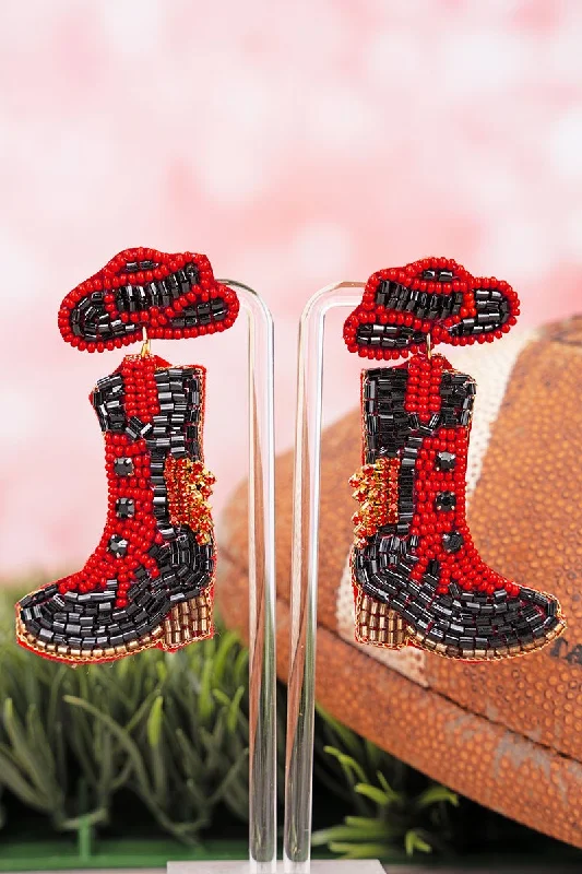 Drop Earrings with Crown Designs -SALE 75% OFF! Viola Twirling Into Gameday Red and Black Boots Seed Bead Earrings