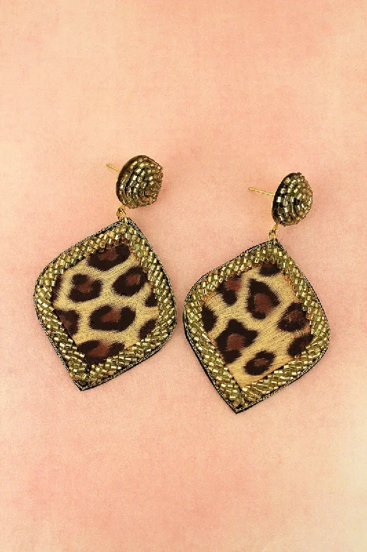 Gold Drop Earrings for Women -SALE! Gold Seed Bead Trimmed Leopard Diamond Earrings