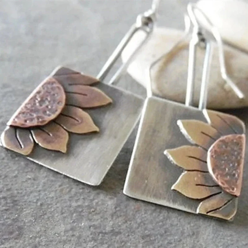 Short Drop Earrings for Subtle -Wholesale Bohemian Square Sunflower Pattern Earrings