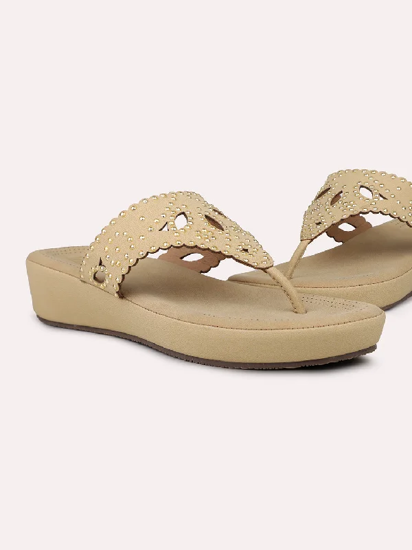 Comfortable sandals for women with elastic straps and lightweight construction for ease-Women Beige Comfort Heels With Laser Cuts