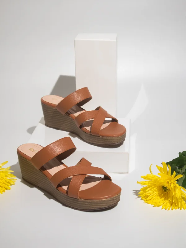 Elegant sandals for women with beaded straps and platform heels for special occasions-Women Tan Open Toe Wedges Heels