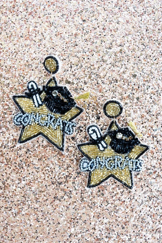 Drop Earrings with Chevron Designs -Viola Black and Gold 'Congrats' Graduation Star Seed Bead Earrings