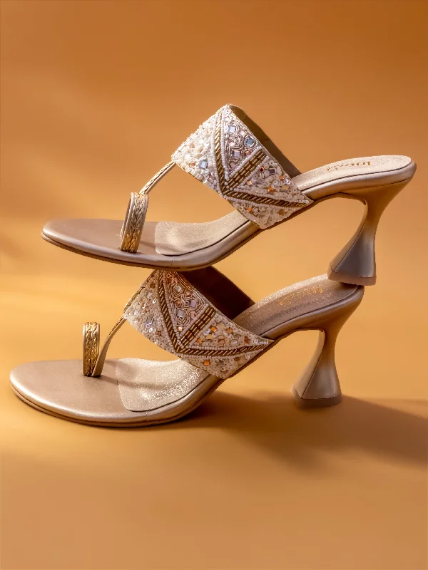 Comfortable sandals for men with wide straps and secure fit for daily use-Women Gold Ethnic Embellished One-Toe Block Heels