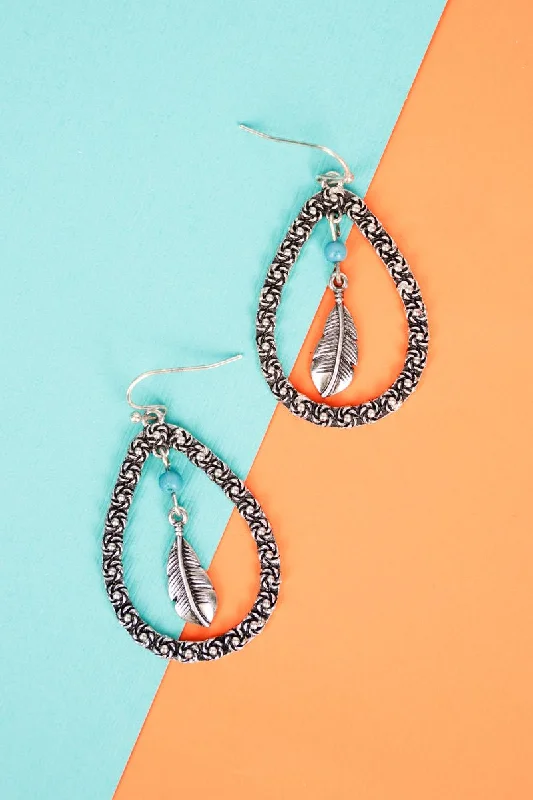 Drop Earrings with Floral Motifs -SALE! Silvertone Feather Willa Teardrop Earrings