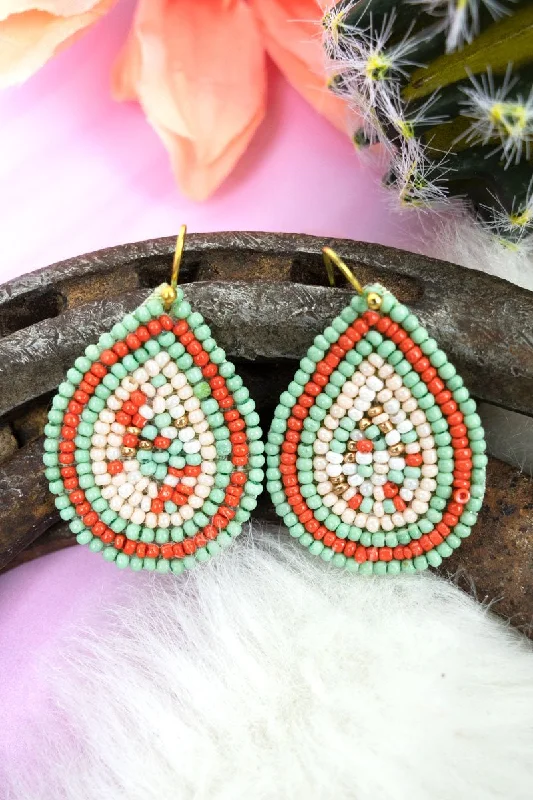 Drop Earrings with Etched Designs -SALE! Raina Mint Seed Bead Teardrop Earrings