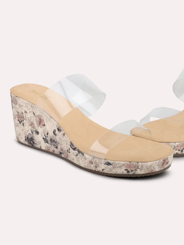 Comfortable sandals for men with cushioned footbed and water-friendly design-Women Beige Printed Wedge Heels