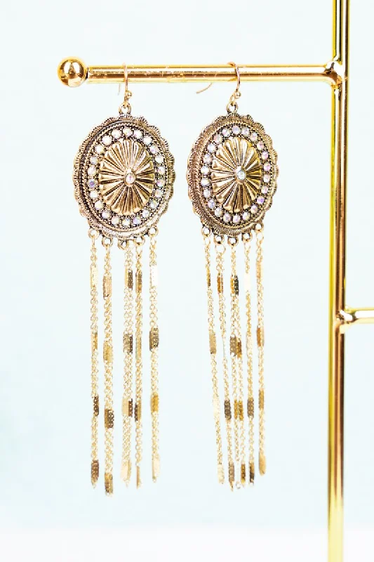 Drop Earrings for Concert Look -Show Stopper Iridescent Crystal Goldtone Fringe Earrings